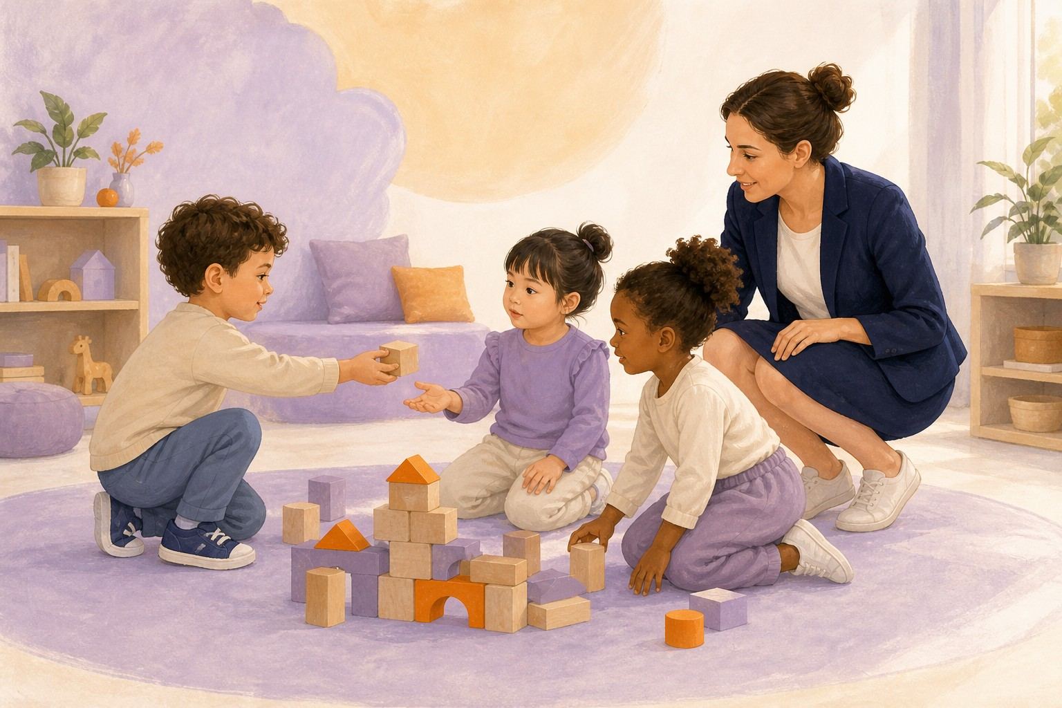 Des enfants coopèrent autour d'une construction pendant qu'une professionnelle accompagne le groupe.