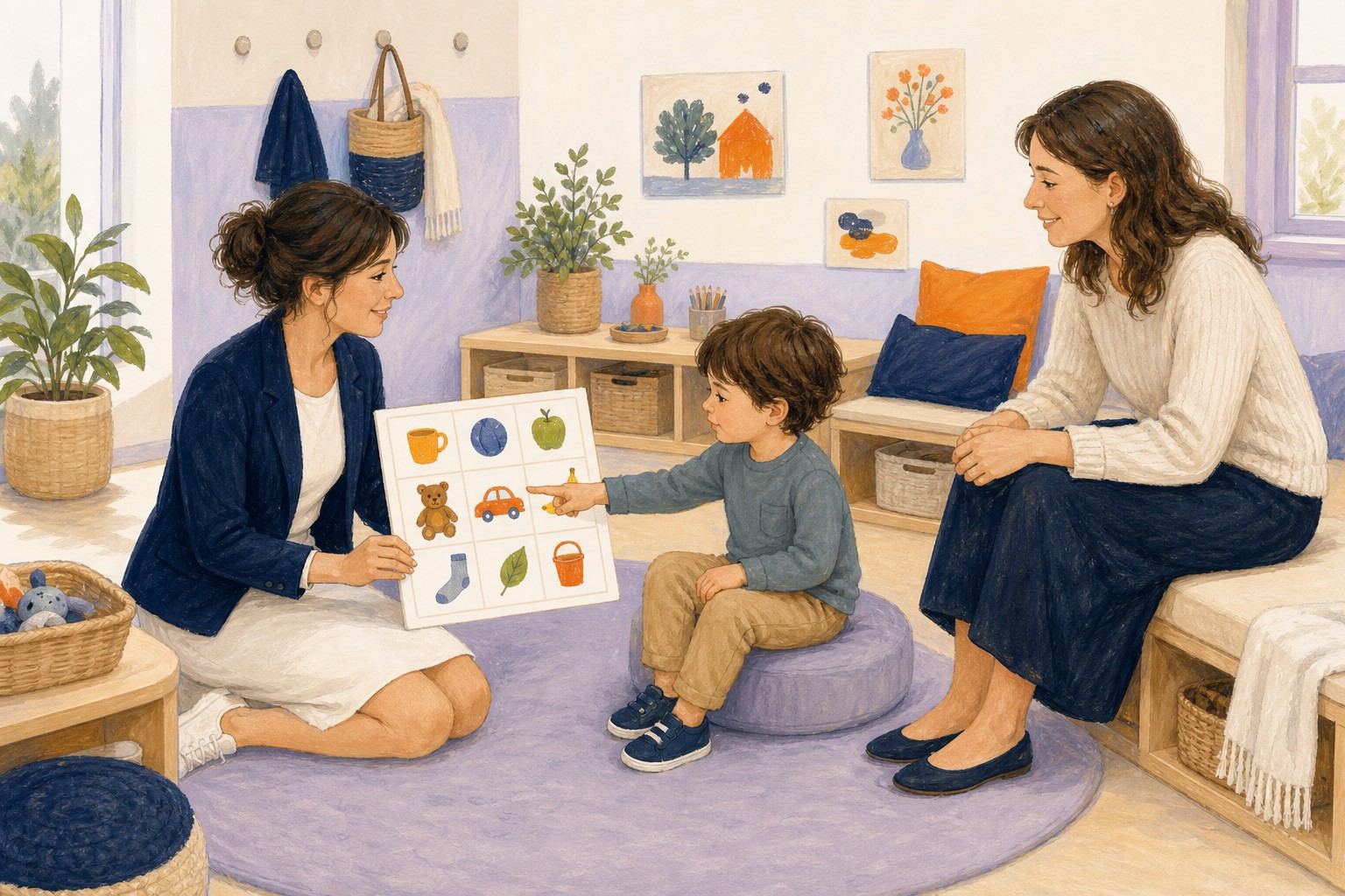 Un enfant choisit un support imagé pendant qu'une professionnelle et un proche restent disponibles.