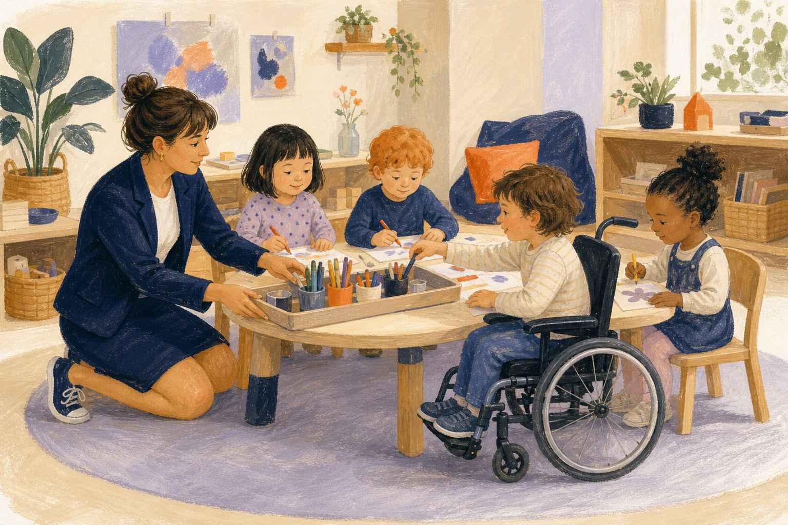 Un enfant en fauteuil et plusieurs camarades participent ensemble à une activité créative.