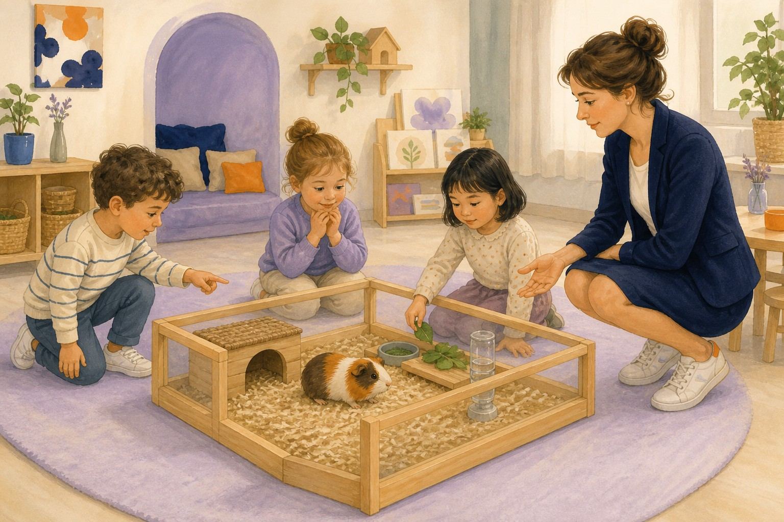 Des enfants découvrent un petit animal dans un enclos sous le regard d'une professionnelle.