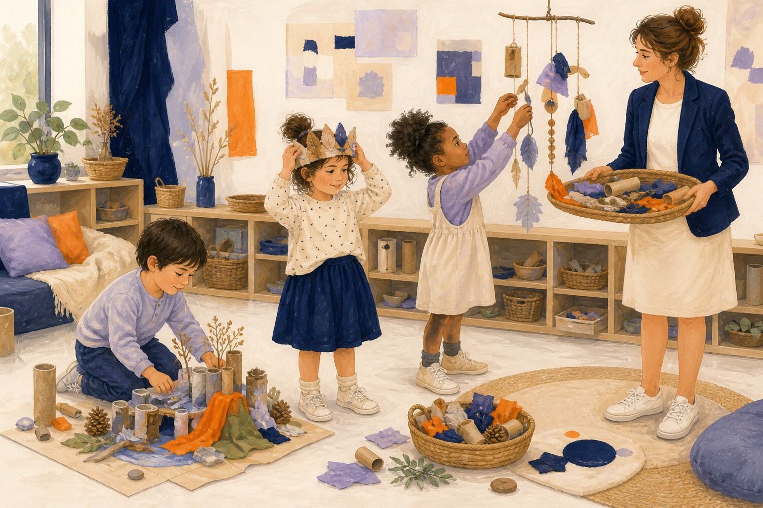 Des enfants fabriquent et expérimentent avec des matériaux simples près d'une professionnelle.