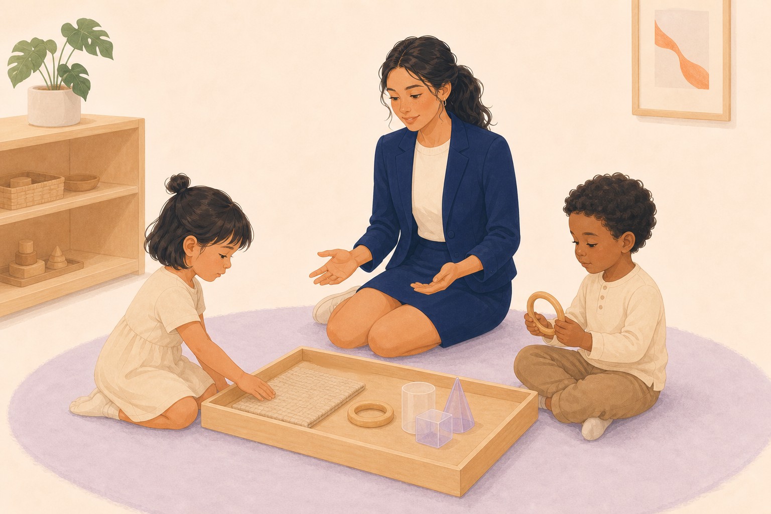 Une professionnelle accompagne deux enfants qui explorent des matières et des formes autour d'un plateau sensoriel.