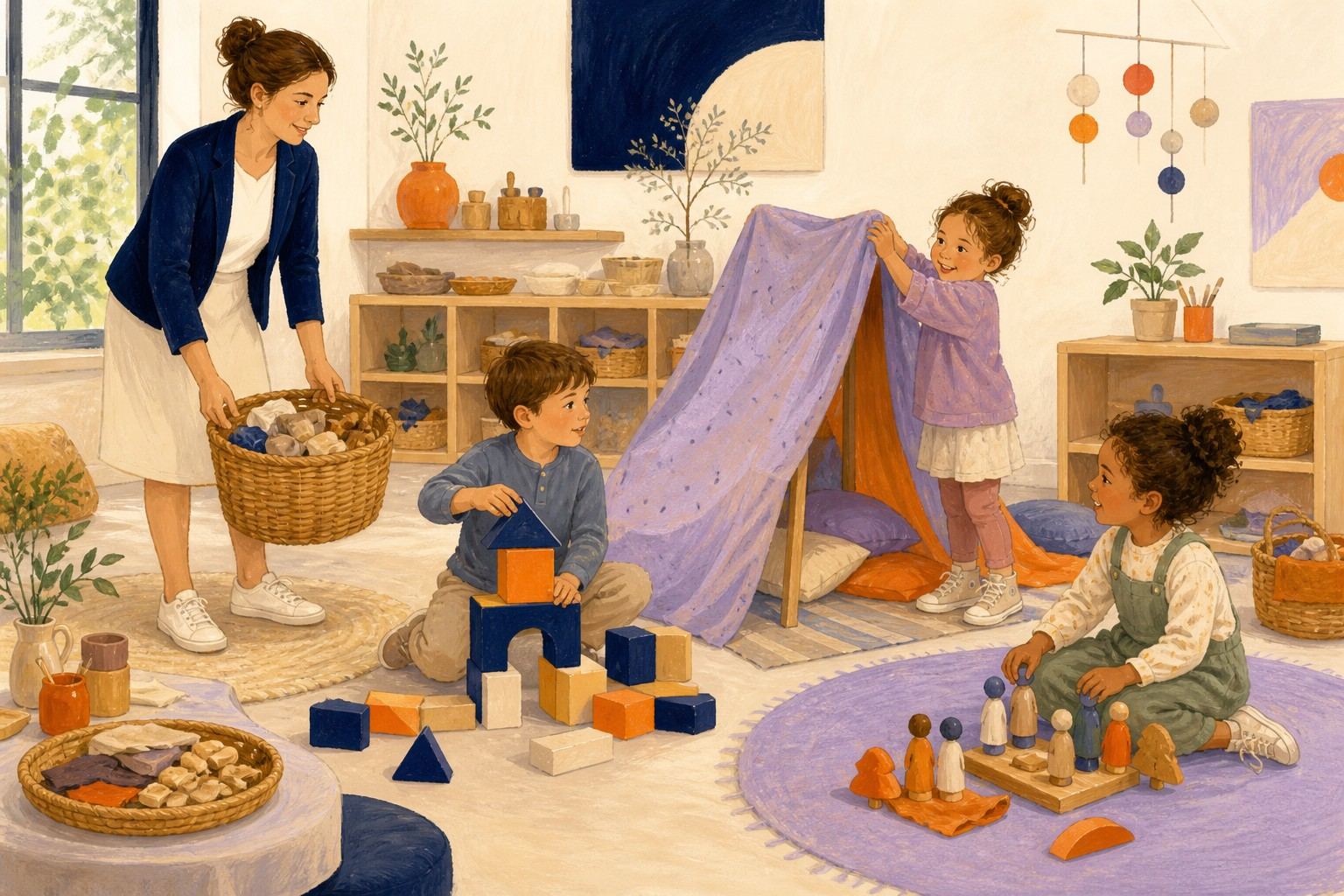 Des enfants inventent un jeu avec des tissus et des blocs près d'une professionnelle.