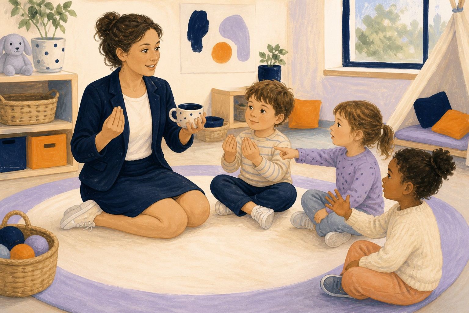 Une professionnelle et plusieurs enfants utilisent des gestes associés à la parole.
