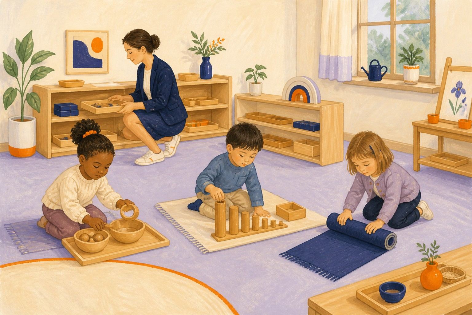 Des enfants manipulent du matériel autonome inspiré de Montessori près d'une professionnelle.
