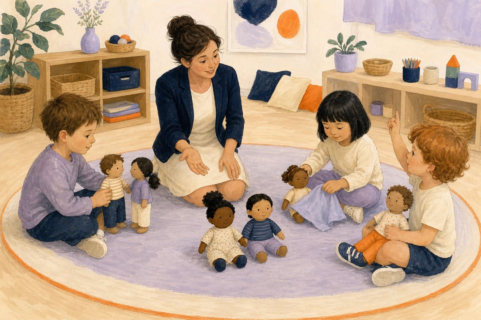 Des enfants jouent avec plusieurs poupées autour d'une professionnelle assise à distance.