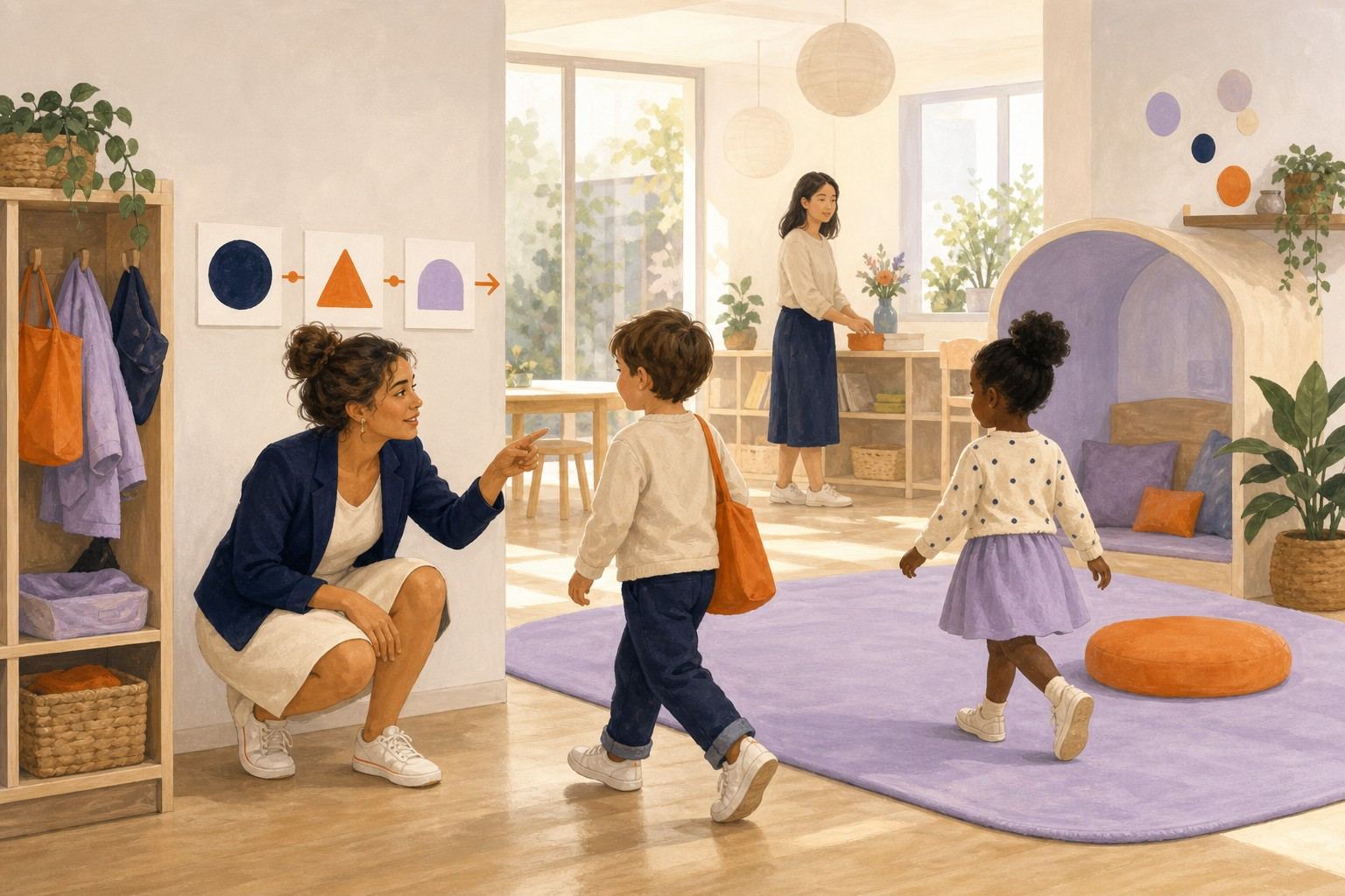 Deux enfants circulent entre des repères familiers sous le regard de professionnelles disponibles.