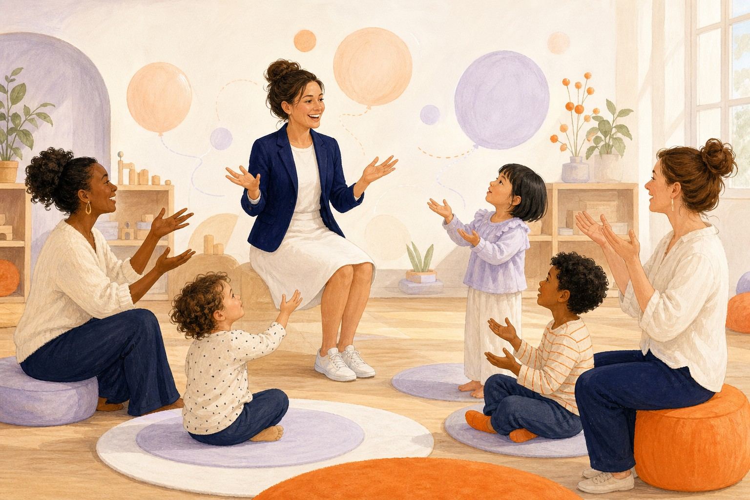 Enfants et adultes participent à un exercice de rire et de respiration guidé par une professionnelle.