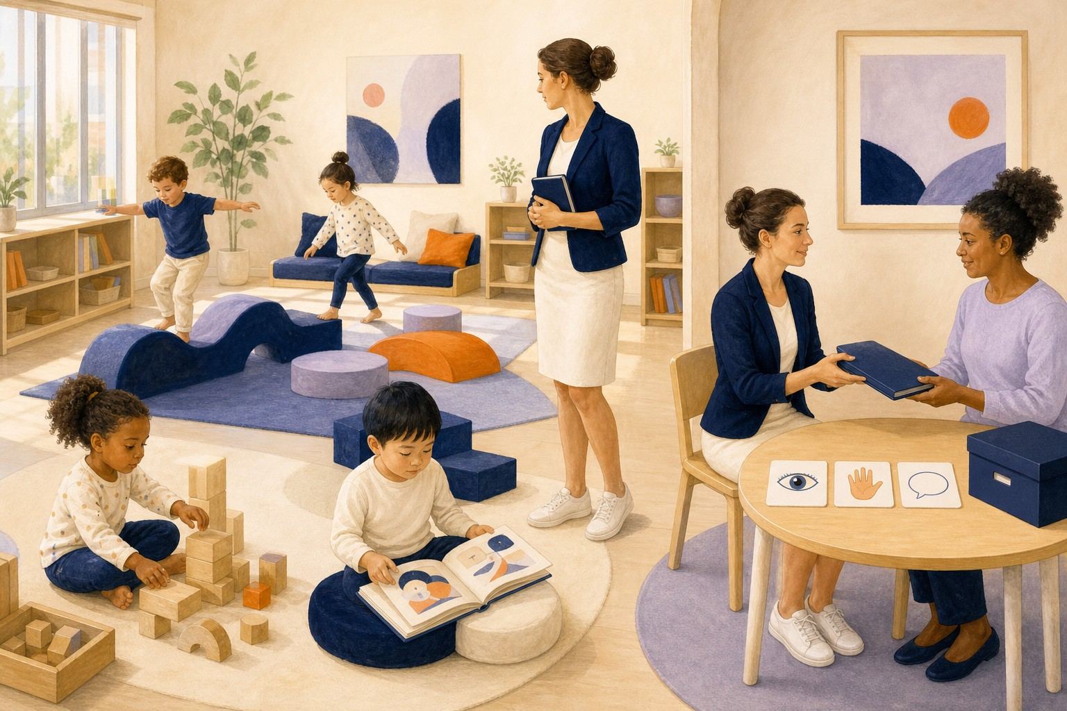 Une professionnelle observe des enfants en activité tandis qu'une collègue transmet un dossier fermé.