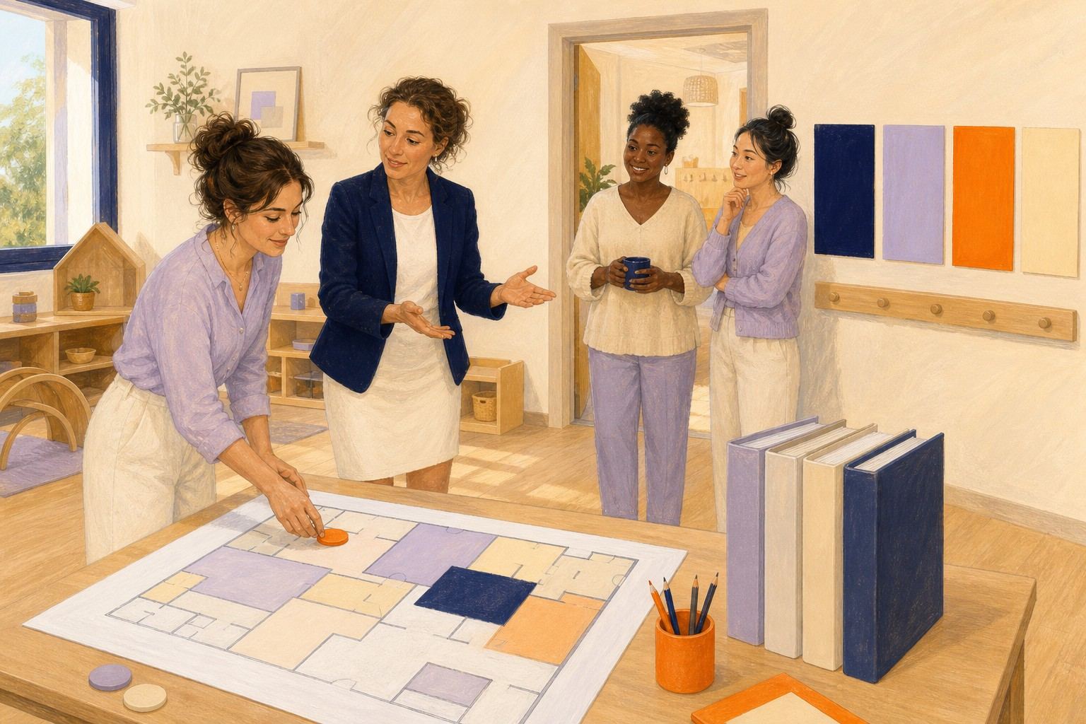 Une directrice et une accompagnatrice travaillent sur un plan d'EAJE avec deux collègues.