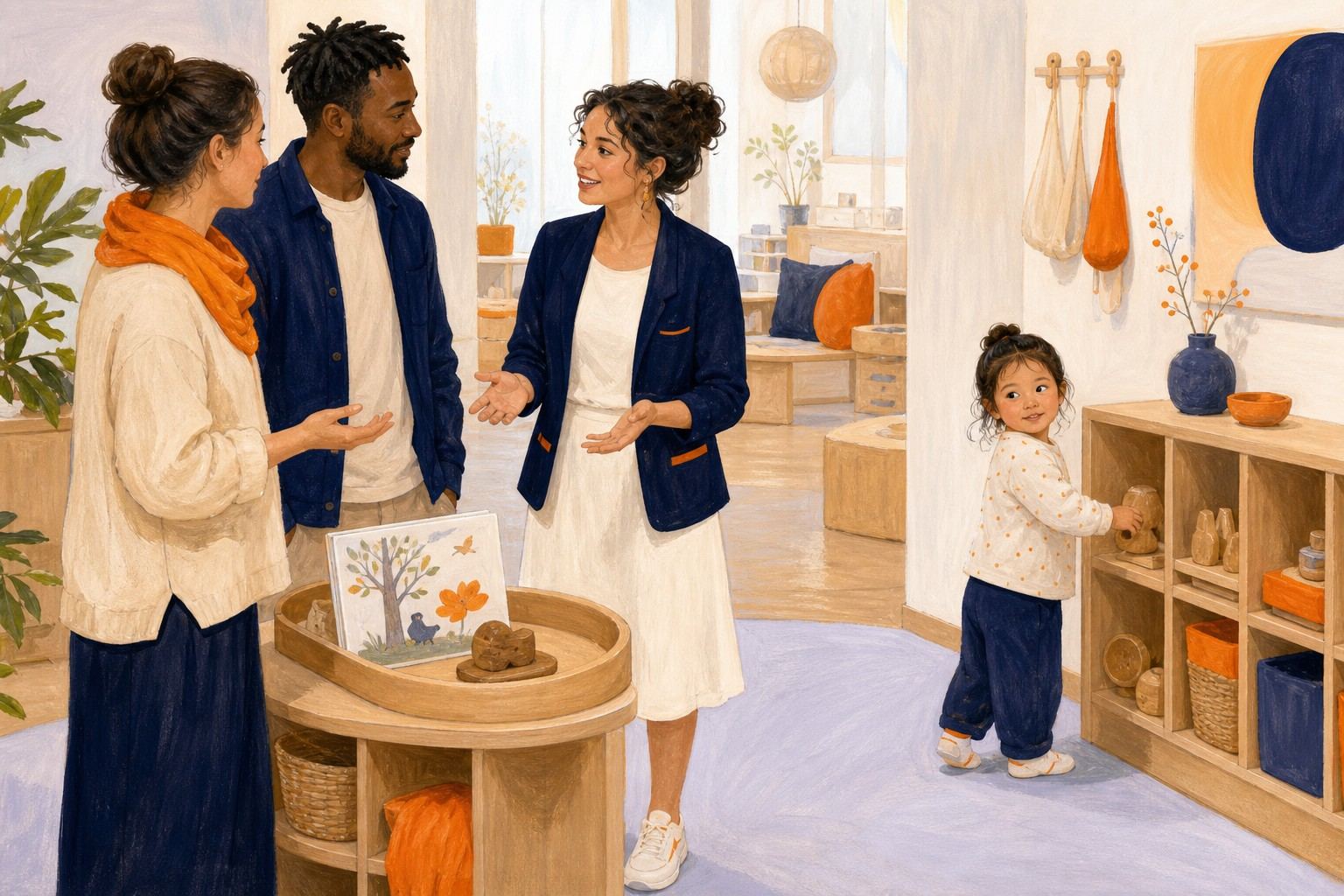 Un enfant range un objet tandis qu'un proche et une professionnelle échangent à l'entrée.