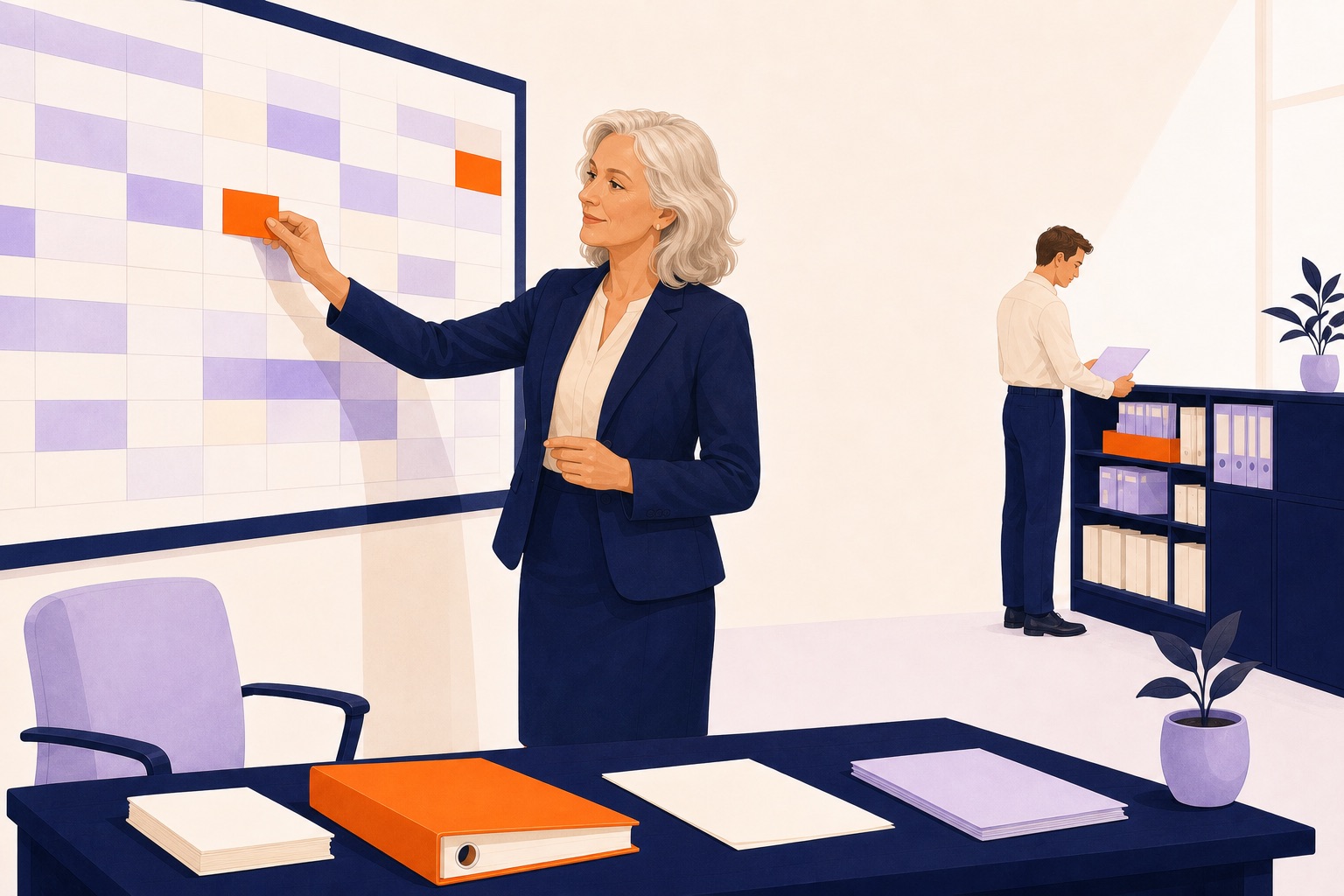Une responsable âgée organise sereinement un planning mural pendant qu'un collègue classe des dossiers à distance.