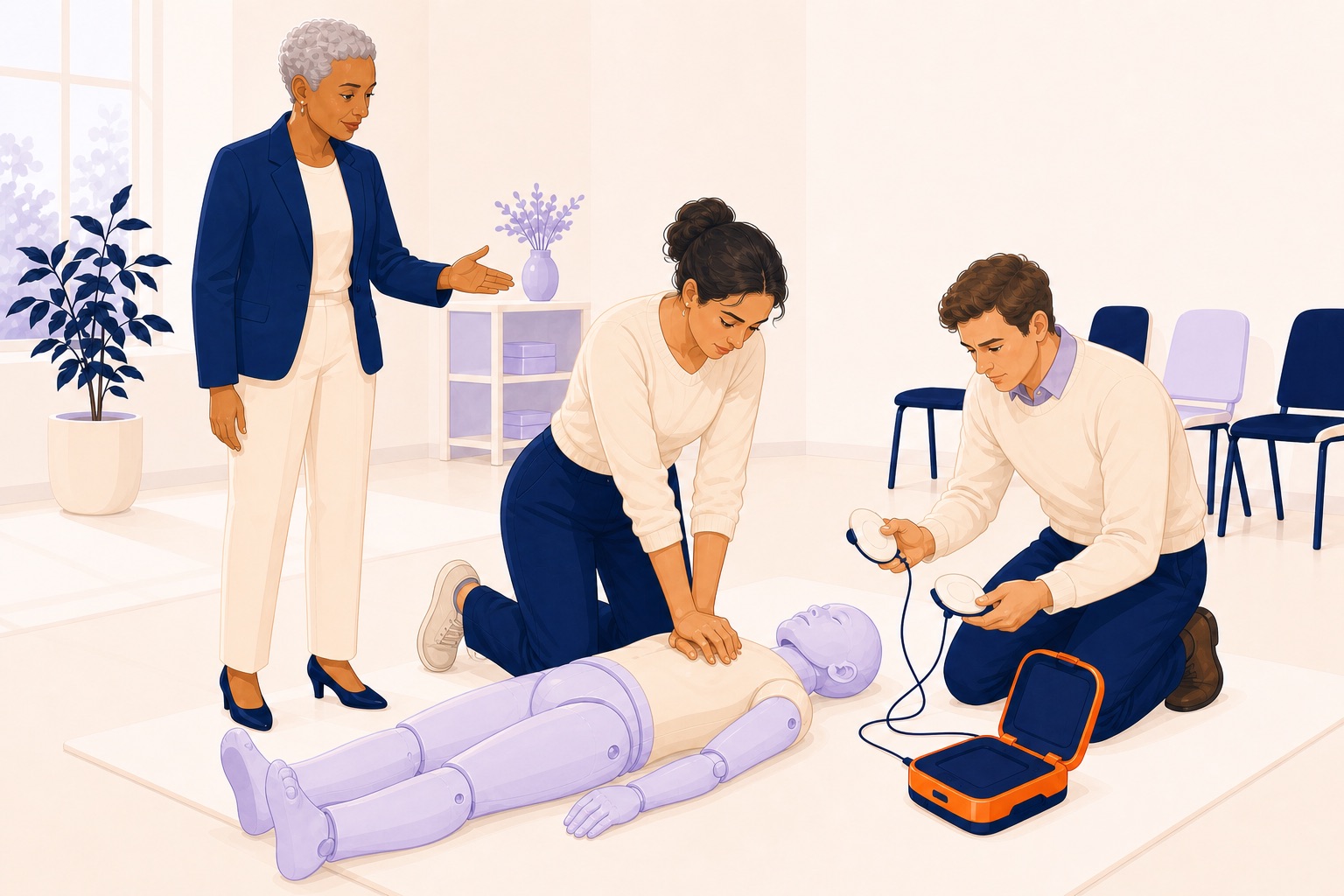 Une participante réalise des compressions sur un mannequin artificiel tandis que le défibrillateur d'entraînement est préparé.