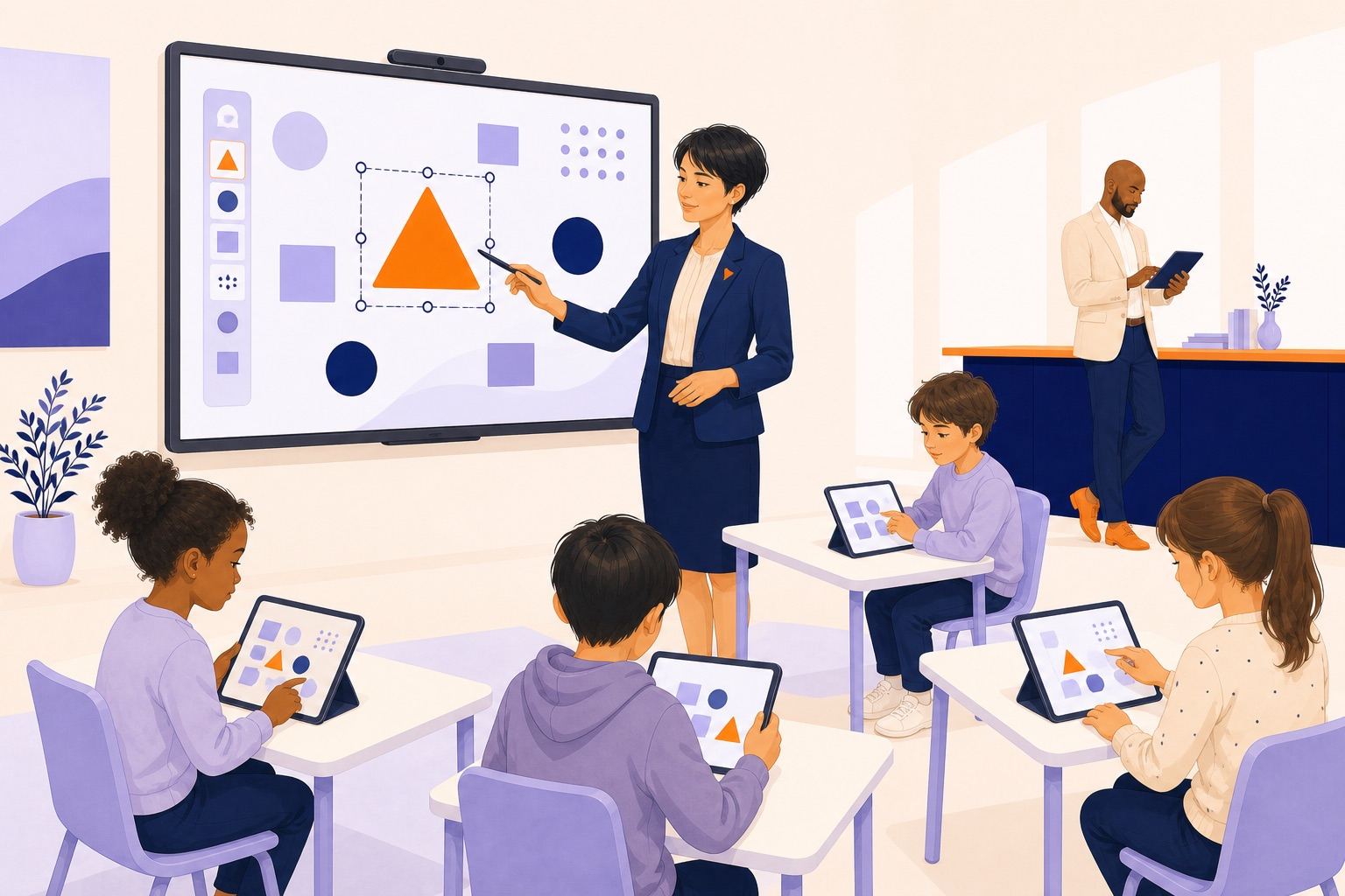 Une professionnelle guide des enfants qui manipulent les mêmes formes sur un écran collectif et des tablettes.