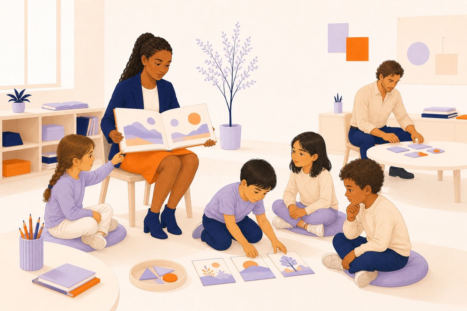 Une enseignante lit un album illustré pendant que les enfants remettent des images dans l'ordre du récit.