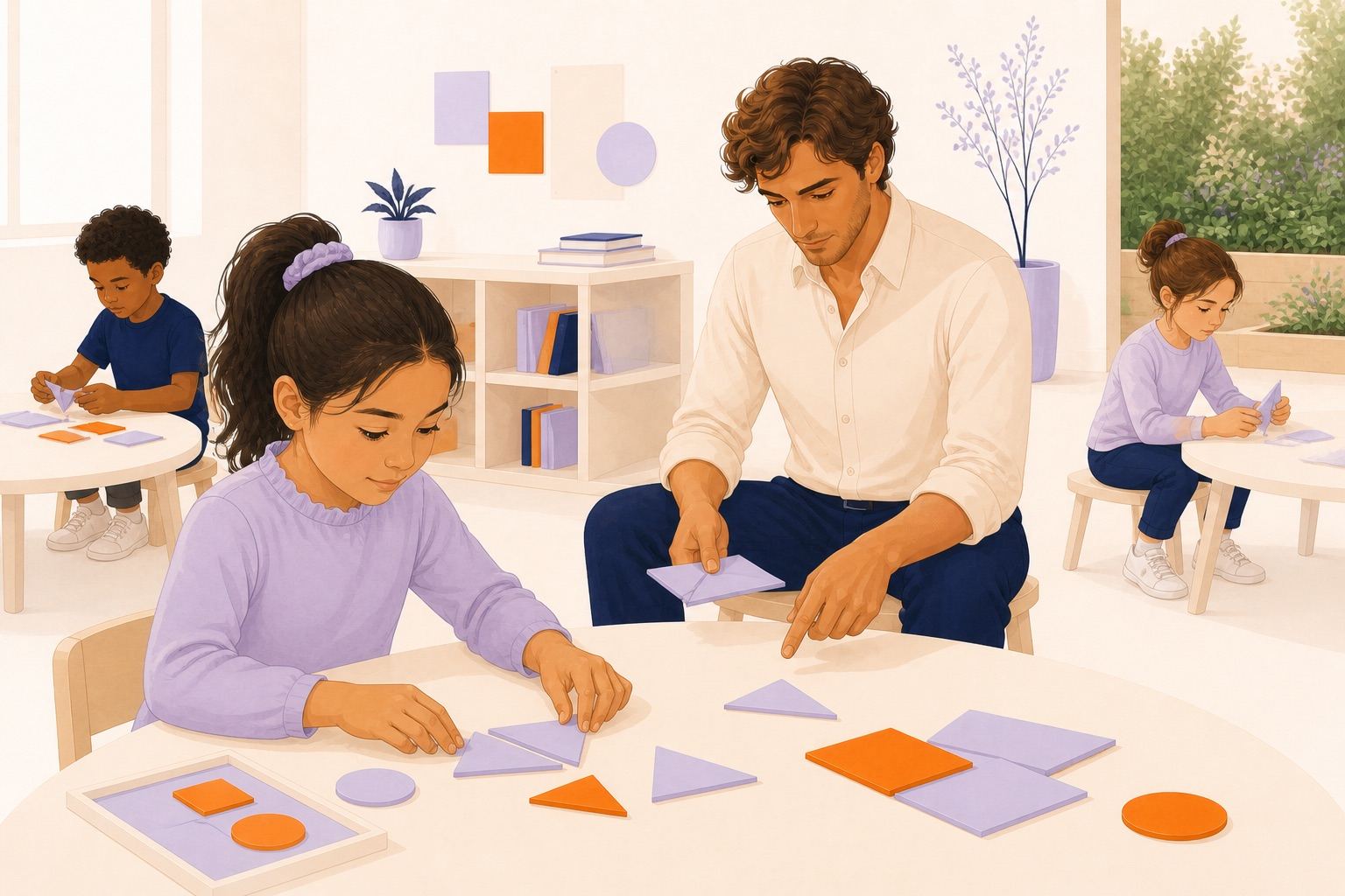 Une enfant reconstruit un puzzle après un premier essai pendant qu'un enseignant lui présente plusieurs possibilités.
