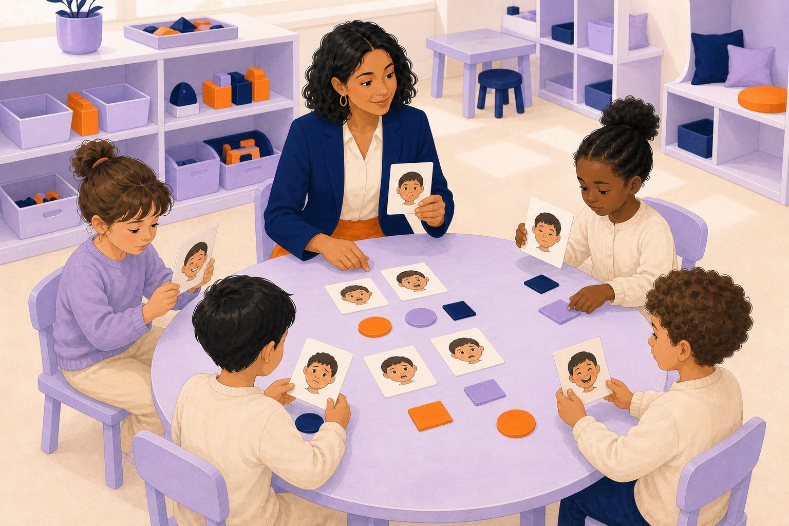Les enfants observent des cartes de visages et les associent à des formes avec l'aide de l'enseignante.