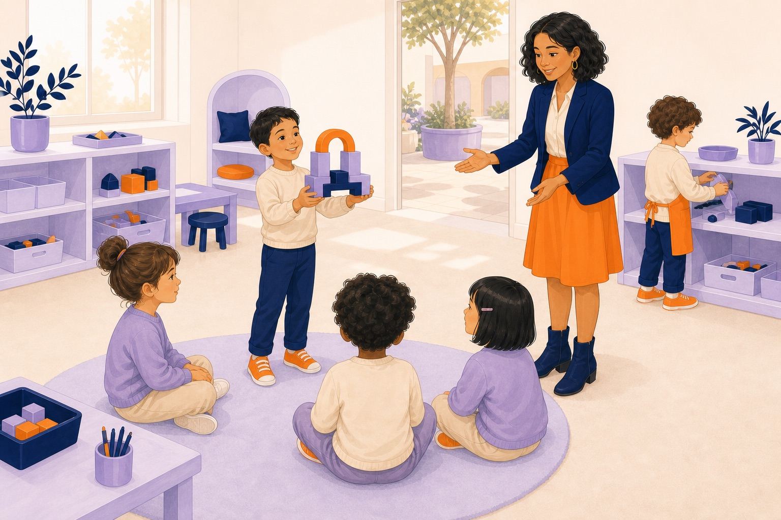 Un enfant présente fièrement sa construction à un petit groupe soutenu par le regard de l'enseignante.