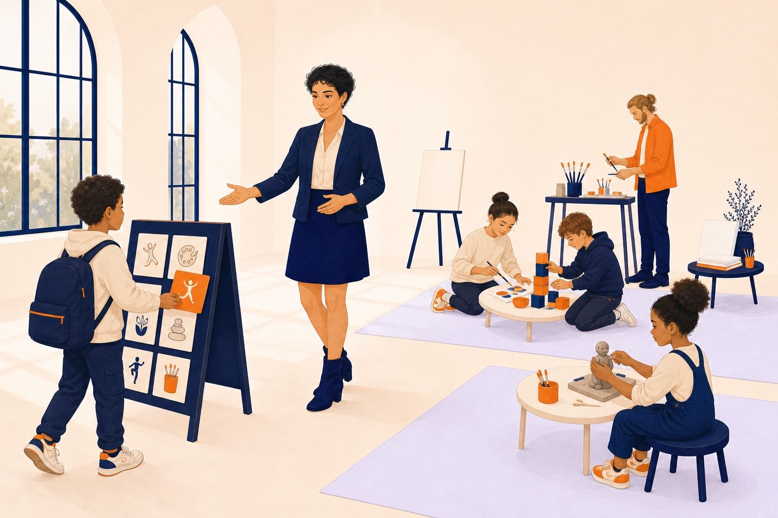 Un enfant choisit une activité illustrée et rejoint un espace accueillant où ses pairs créent déjà.