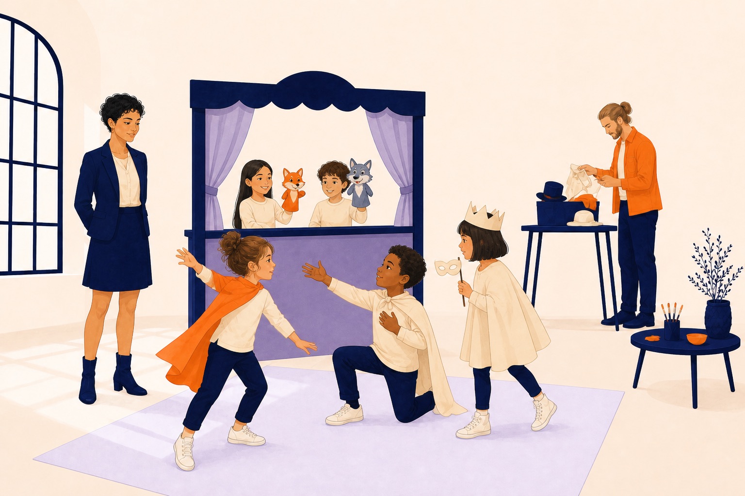 Des enfants animent des marionnettes et jouent des rôles avec des accessoires simples dans un petit théâtre.