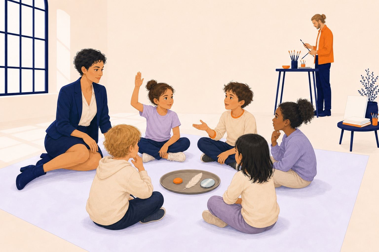 Les enfants discutent en cercle autour d'un objet, d'une plume et d'un miroir sous la conduite d'une professionnelle.
