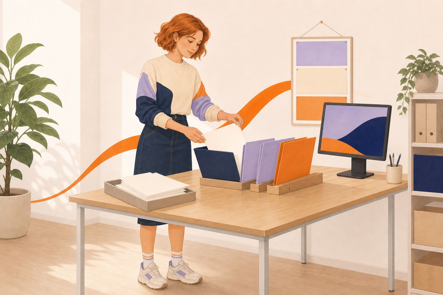 Une apprentie classe des documents dans un poste administratif organisé.